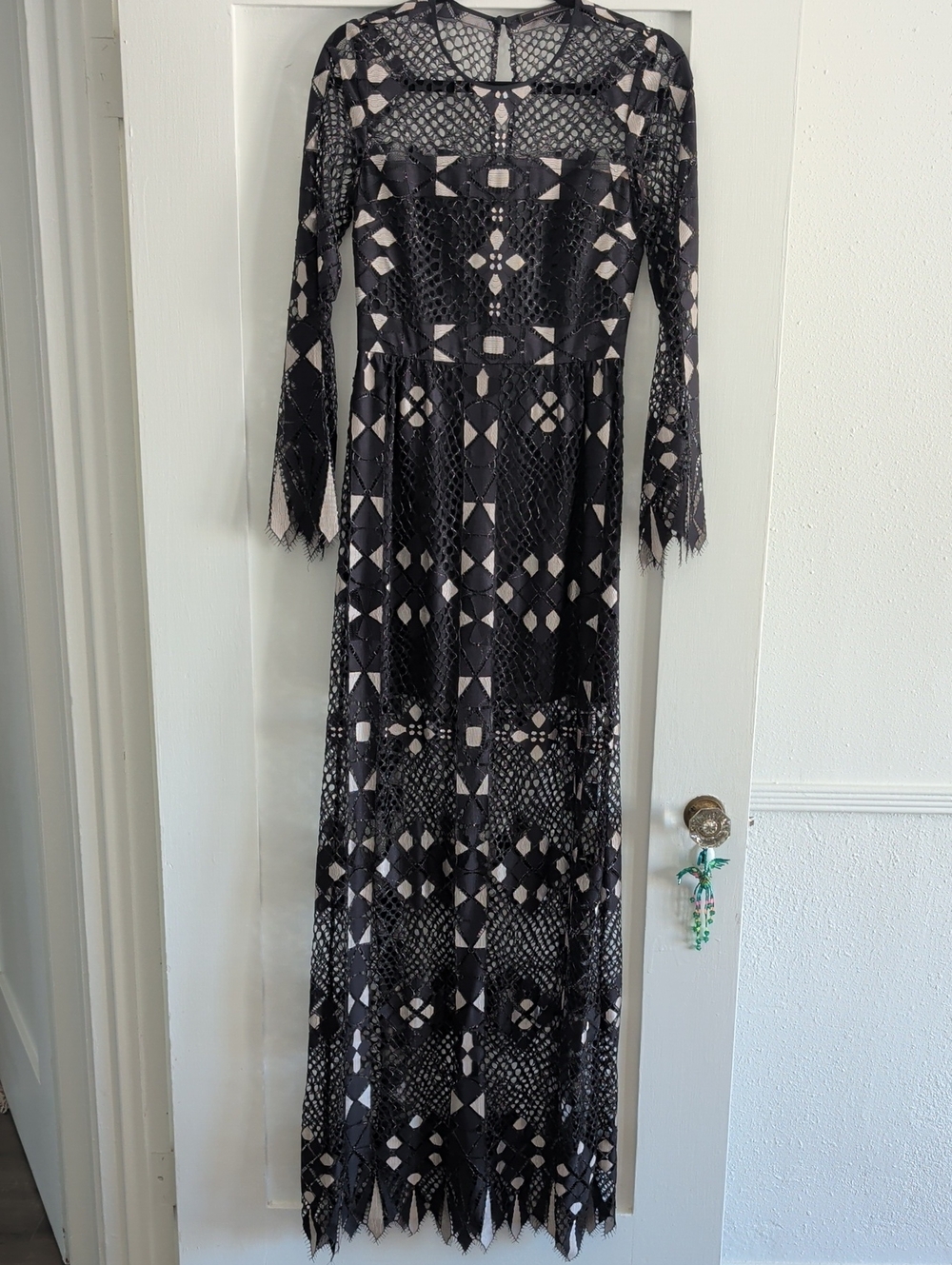 BCBGMaxazria Black and Cream Long Geometric Lace Dress